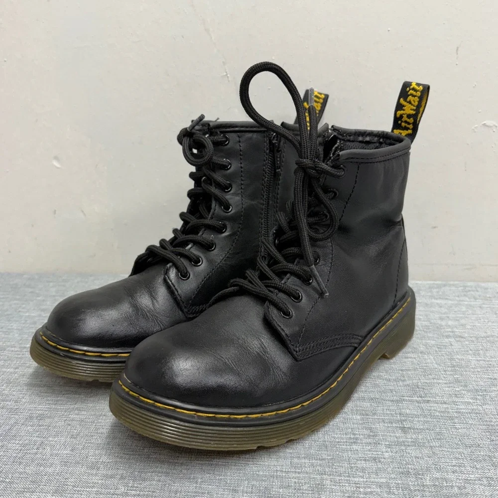 Dr. Martens 1460 J Boots Kids Size 3 Black Leather Side Zip Classic Combat